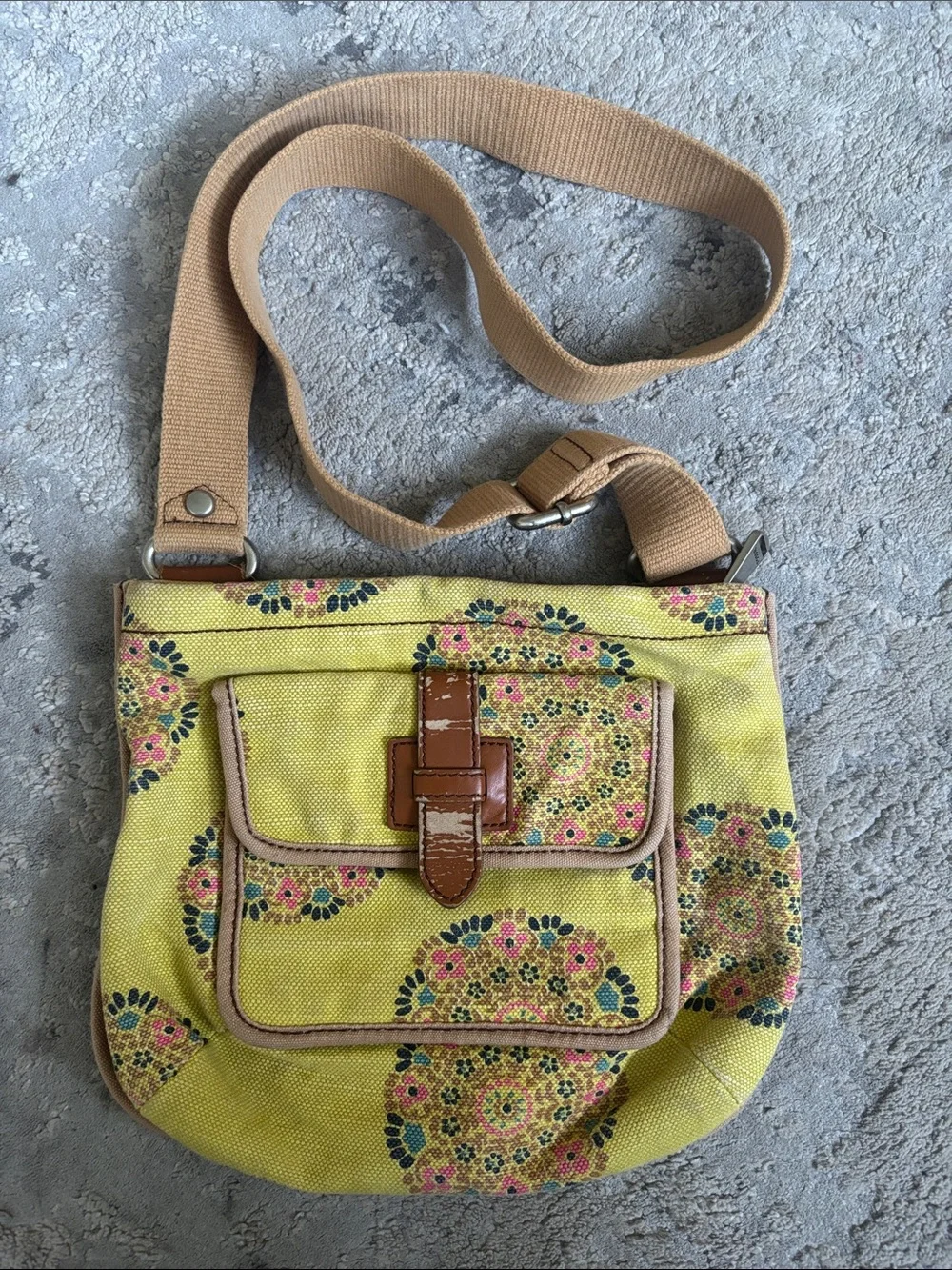 Vintage Fossil Yellow Floral Canvas Crossbody with Brown Trim